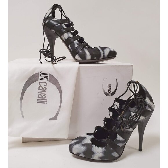 JUST CAVALLI ROBERTO CAVALLI SHOES CANVAS LEATHER WRAP AROUND PUMPS IT 38 US 8 - Picture 1 of 14